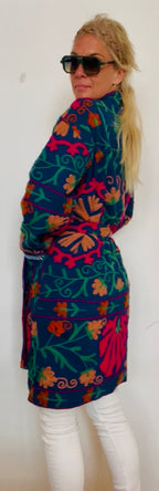 Jas lang blauw velvet