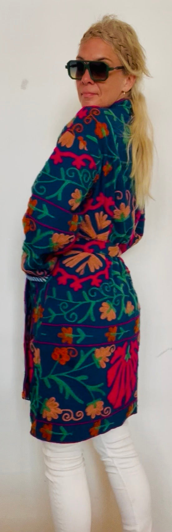 Jas lang blauw velvet